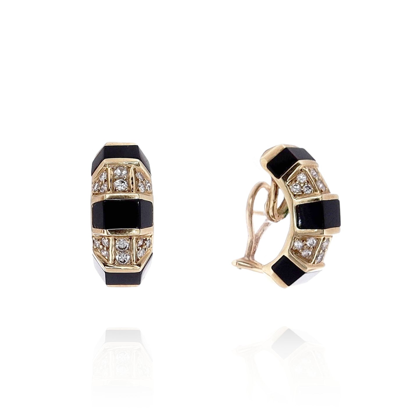 Estate 14k Yellow Gold Triple Sided Onyx and Diamond Hoop Earrings
