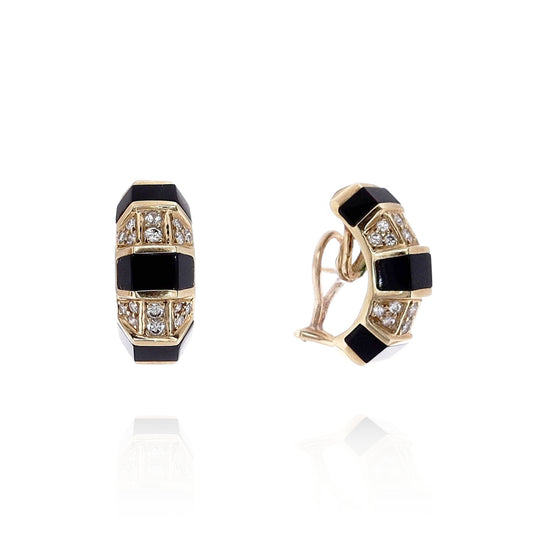 Estate 14k Yellow Gold Triple Sided Onyx and Diamond Hoop Earrings