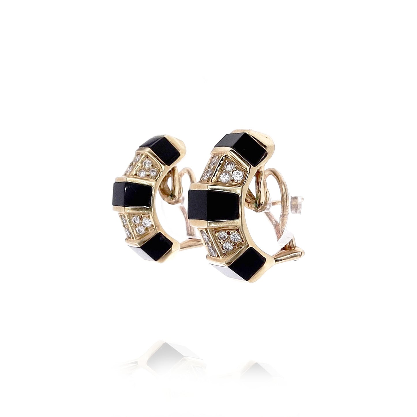 Estate 14k Yellow Gold Triple Sided Onyx and Diamond Hoop Earrings