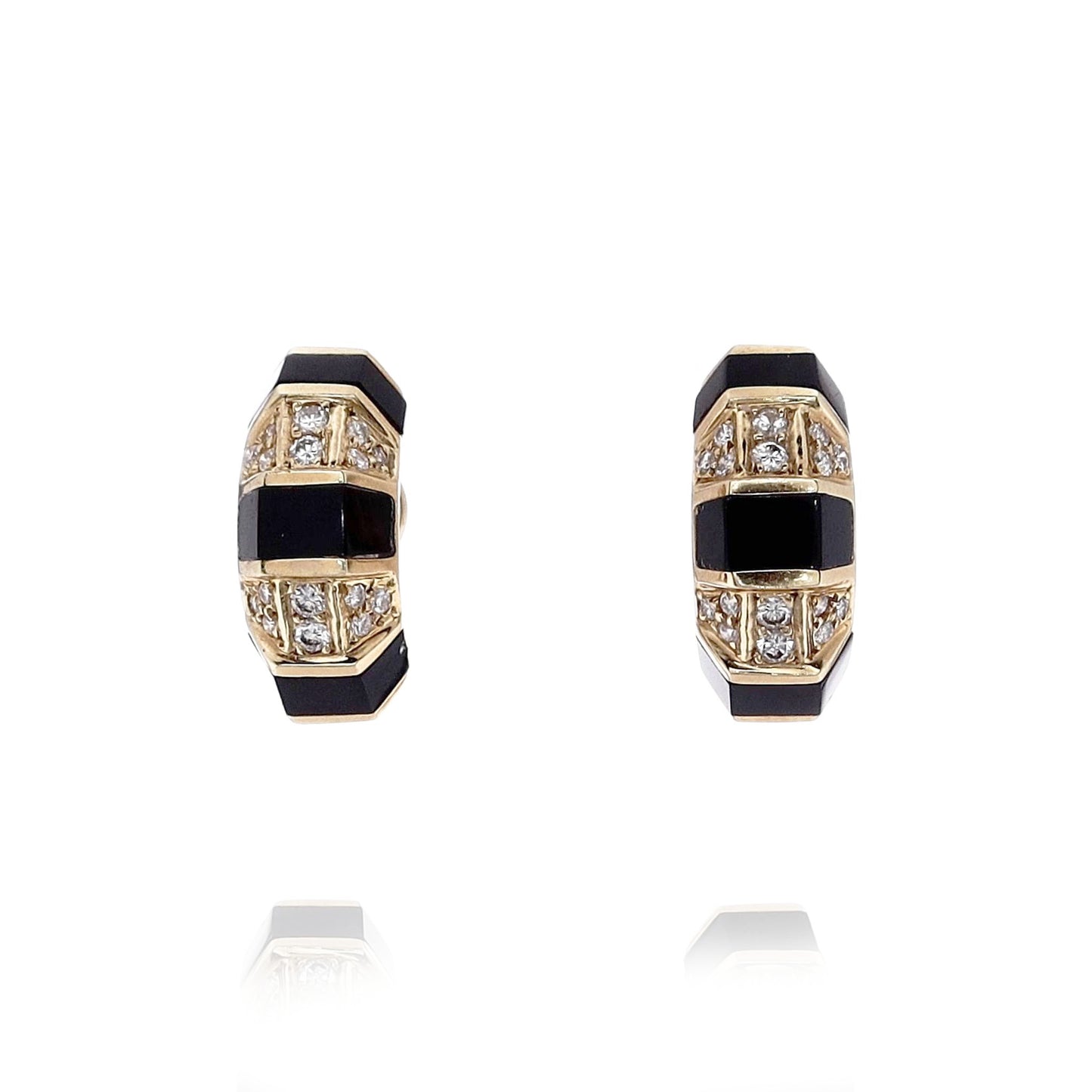 Estate 14k Yellow Gold Triple Sided Onyx and Diamond Hoop Earrings