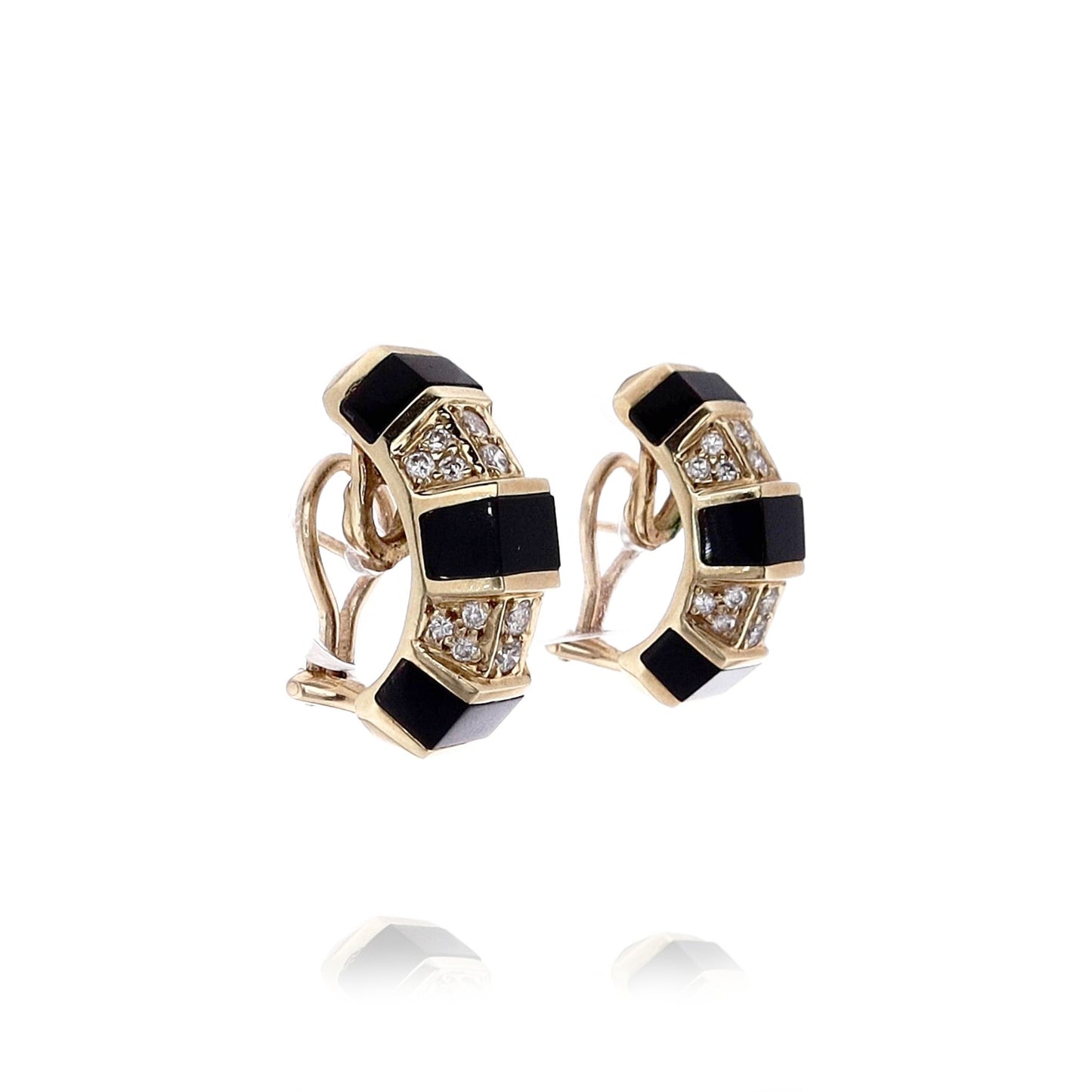 Estate 14k Yellow Gold Triple Sided Onyx and Diamond Hoop Earrings