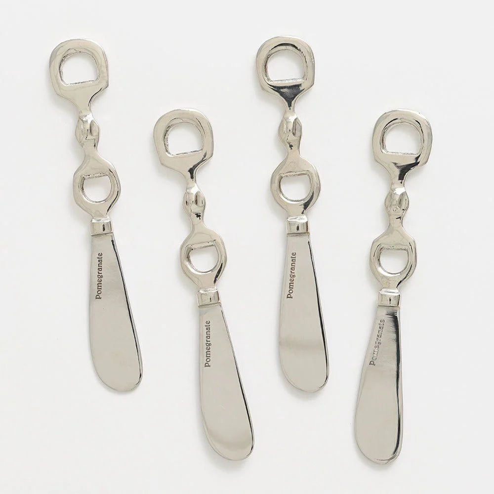 Four silver-toned metal bottle openers/knives arranged in a row on a plain light background. Each opener has a looped top and a flat blade engraved with the word 'Pomegranate'.