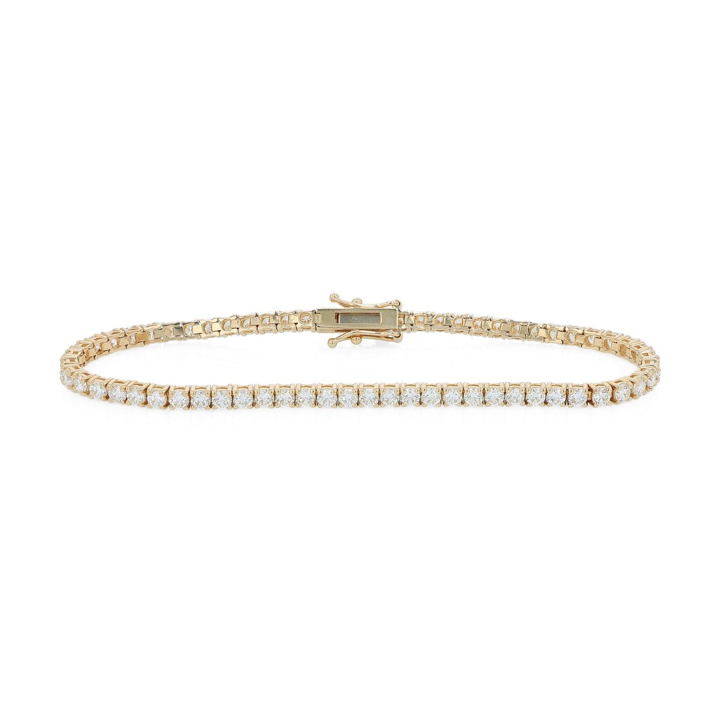 Yellow gold 4.15 carat diamond tennis bracelet on a white background
