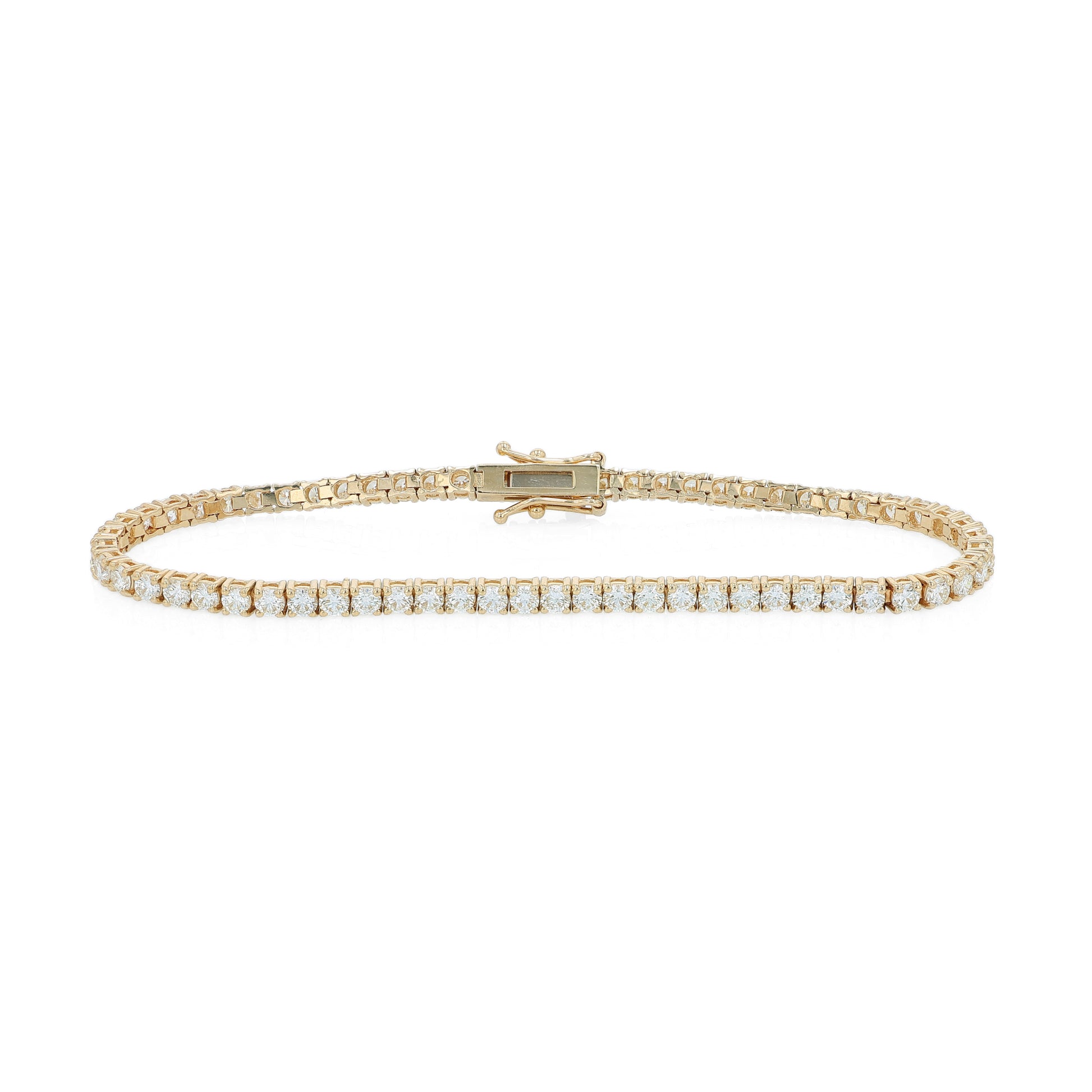 Yellow gold 4.15 carat diamond tennis bracelet on a white background