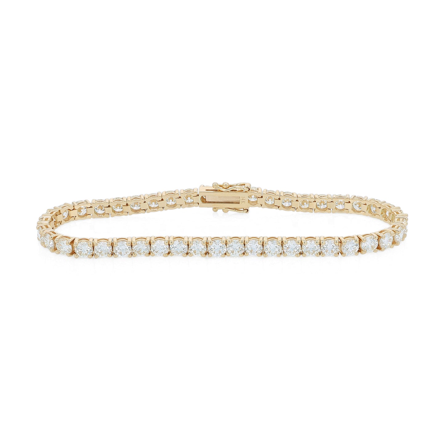 Yellow gold 9.00 carat diamond tennis bracelet on a white background