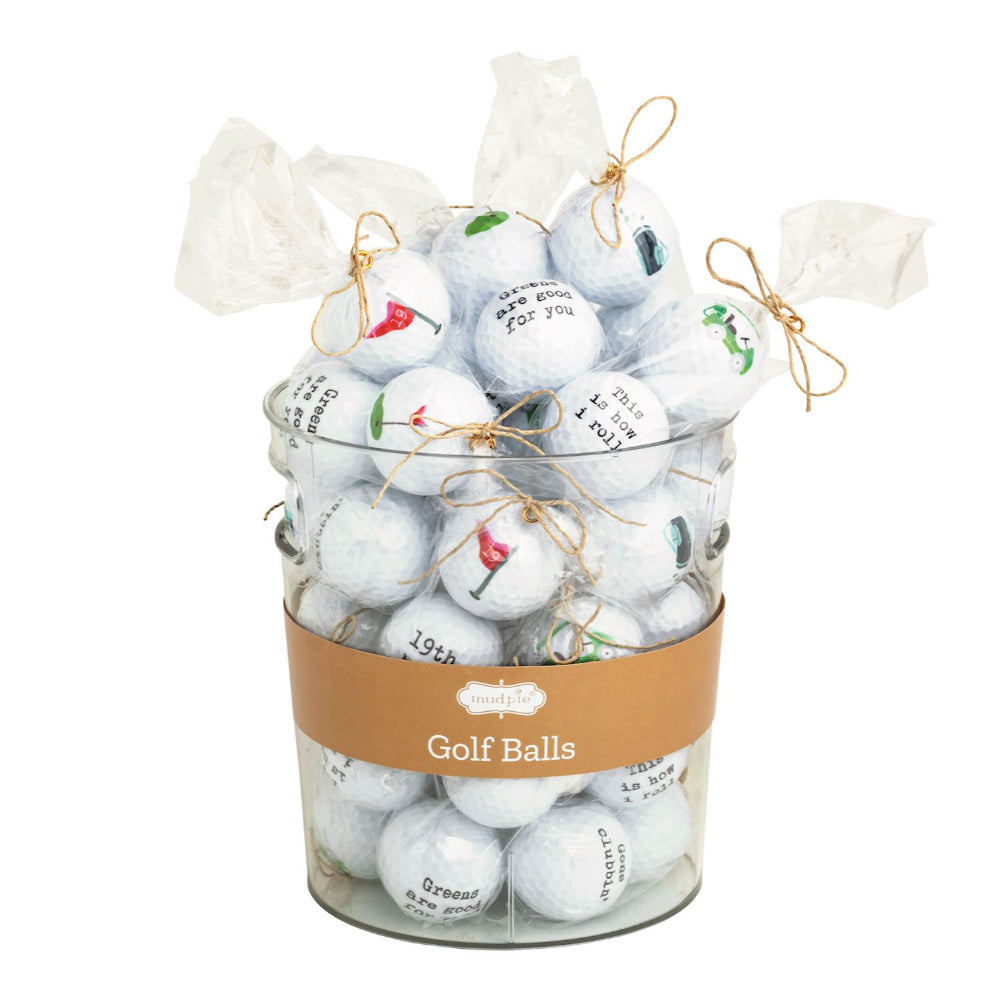 Jar of golf balls with decorative labels on a white background