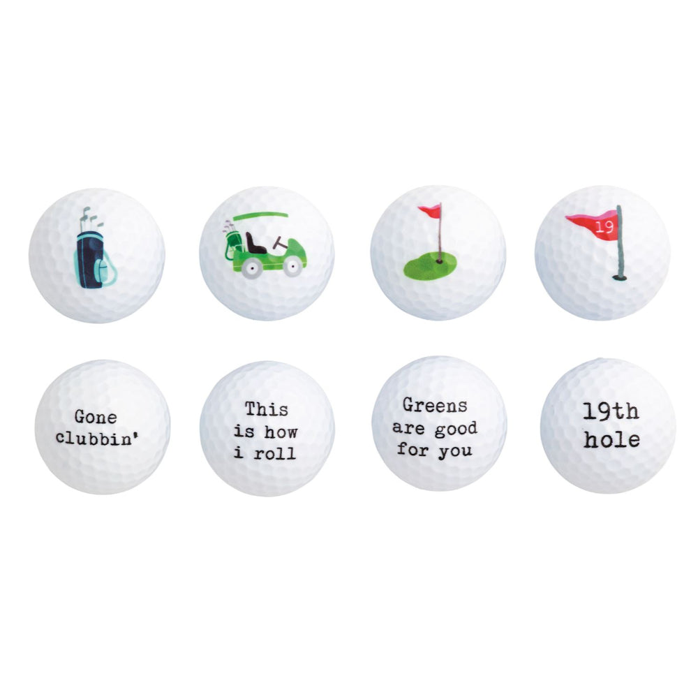 Set of golf balls with humorous sayings and graphics on a white background