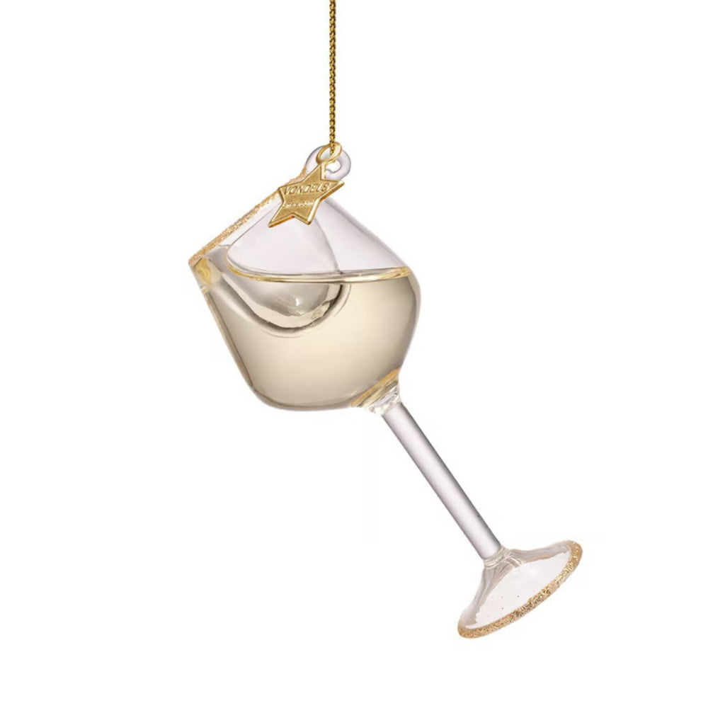 A clear glass martini-style hanging ornament shaped like a filled cocktail glass, with gold trim and a gold hanging string, shown on a plain white background.