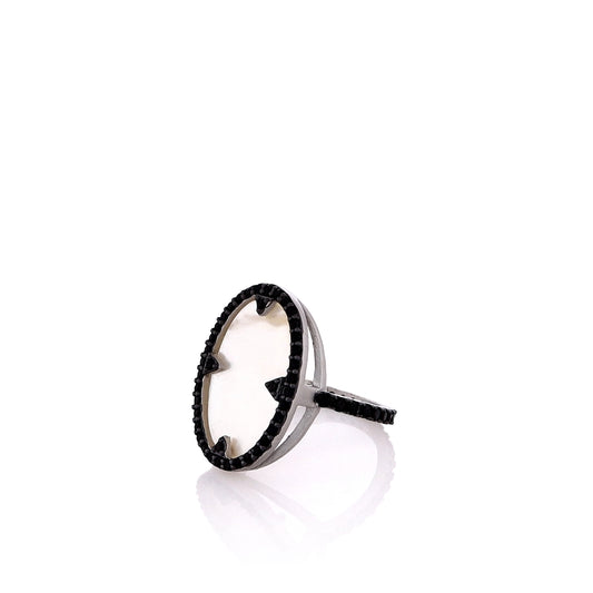 Freida Rothman Sterling Silver Mother of Pearl and Black Cubic Zirconia Halo Ring