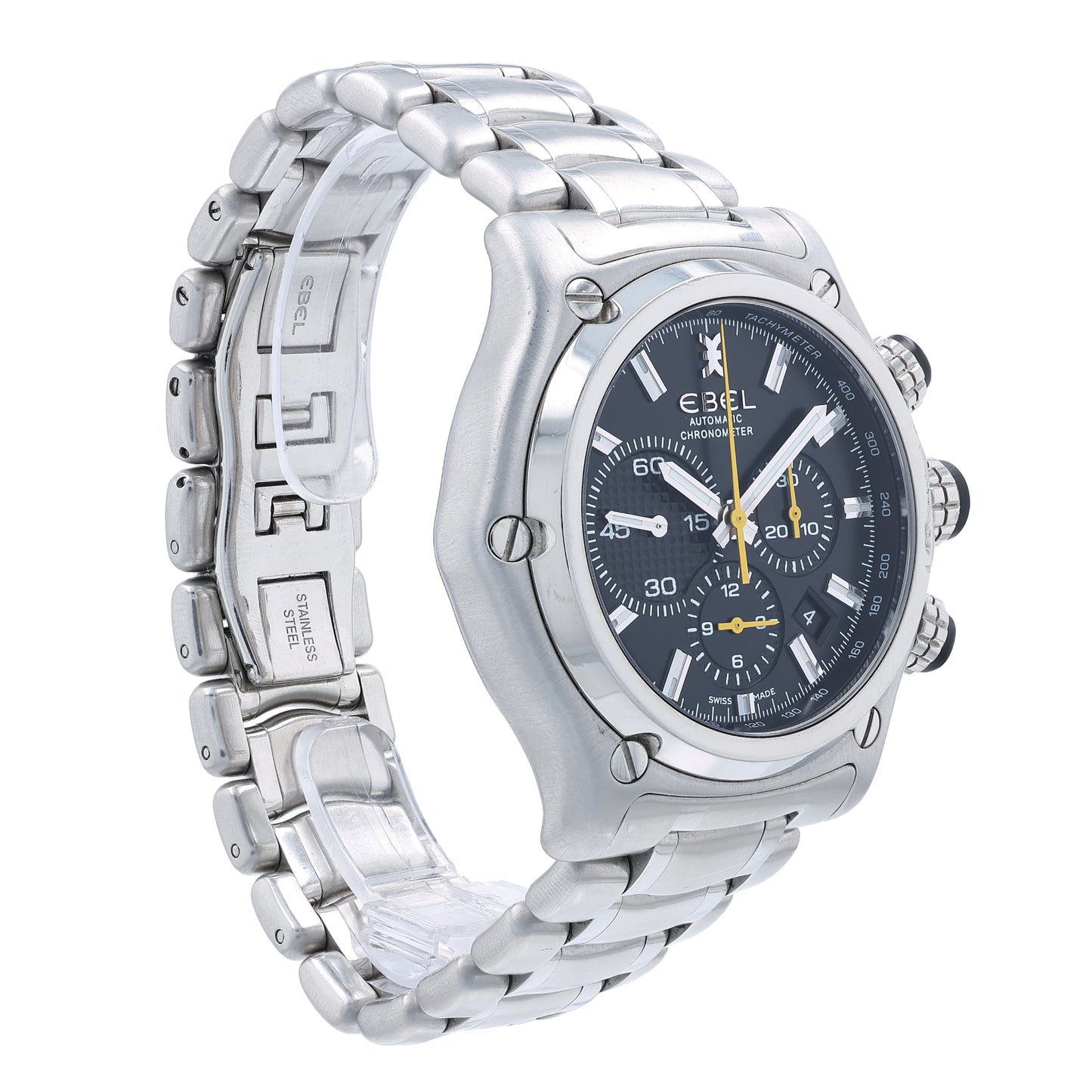 Angle of a stainless steel Ebel Chronometer watch with a black dial, polished and brushed finish, and a butterfly clasp on a white background