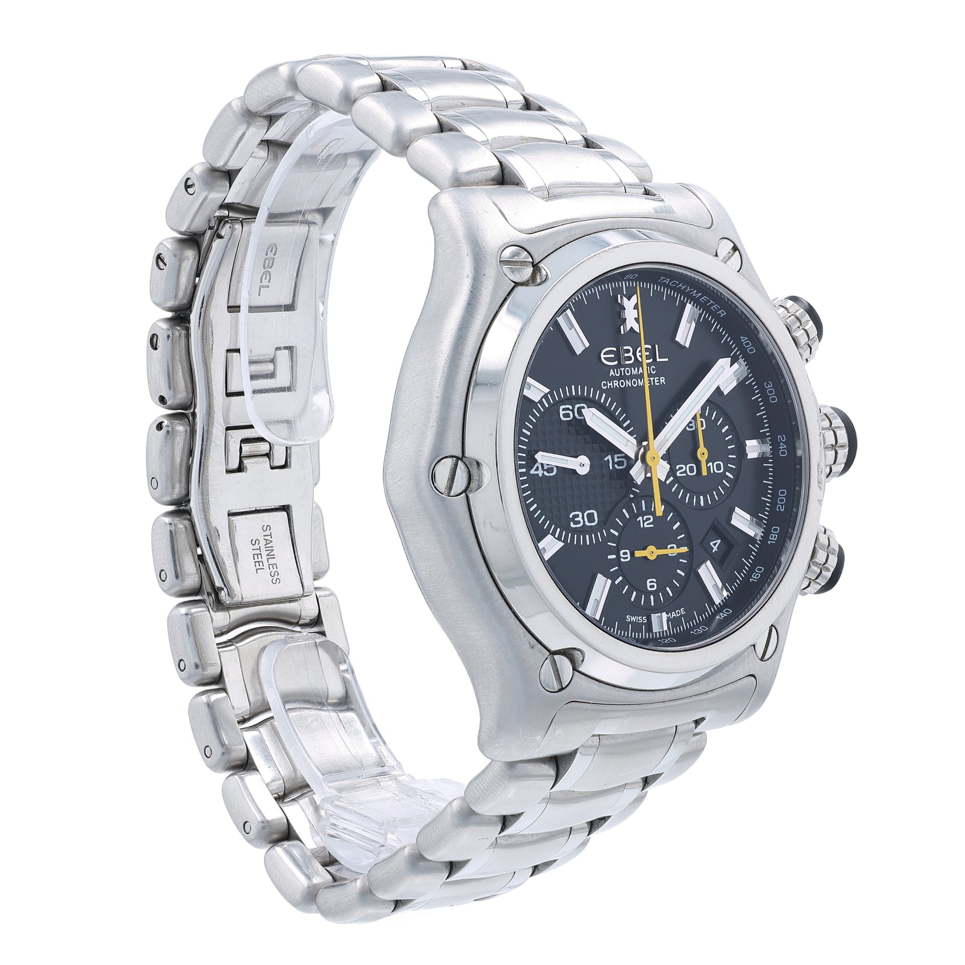 Angle of a stainless steel Ebel Chronometer watch with a black dial, polished and brushed finish, and a butterfly clasp on a white background