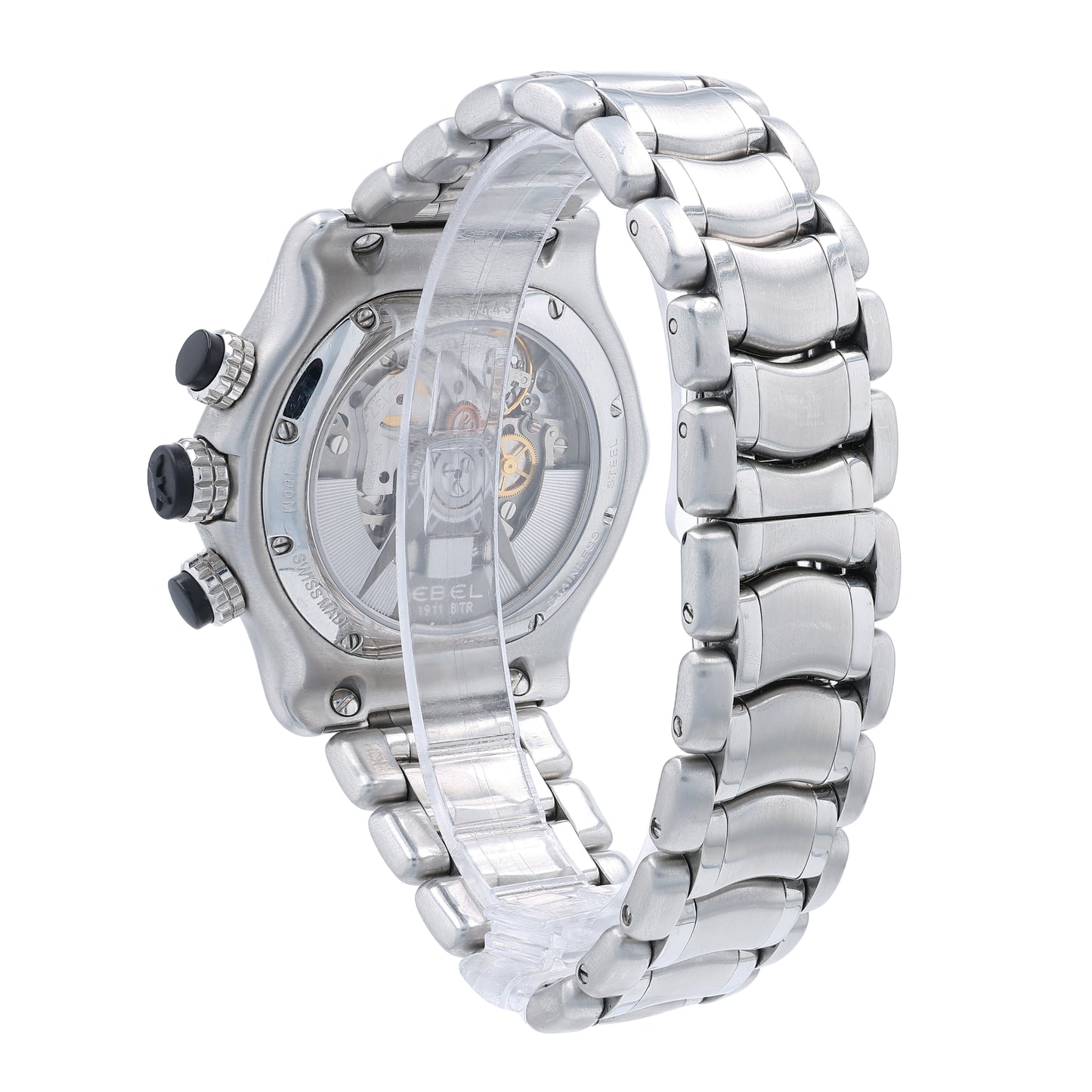Back angle of a stainless steel Ebel Chronometer watch with a black dial, polished and brushed finish, and a butterfly clasp on a white background