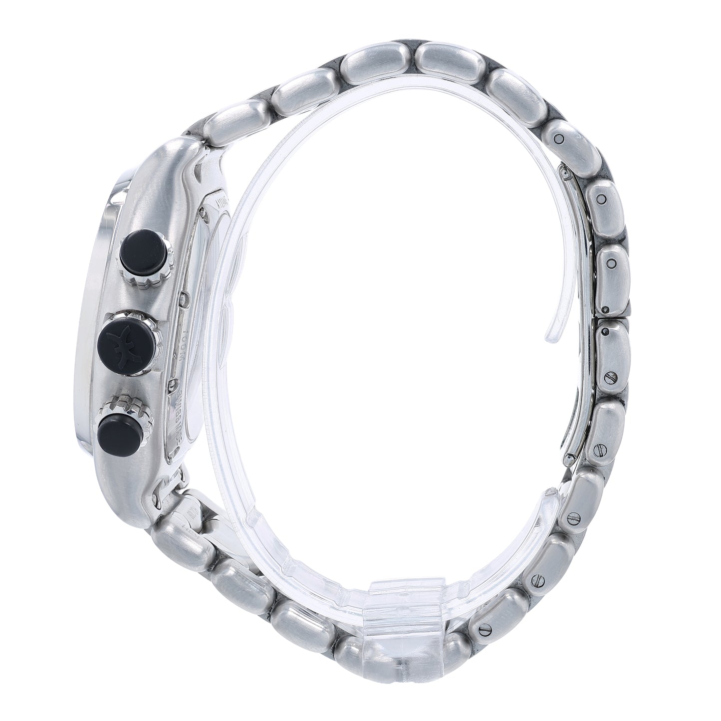 Side profile of a stainless steel Ebel Chronometer watch with a black dial, polished and brushed finish, and a butterfly clasp on a white background
