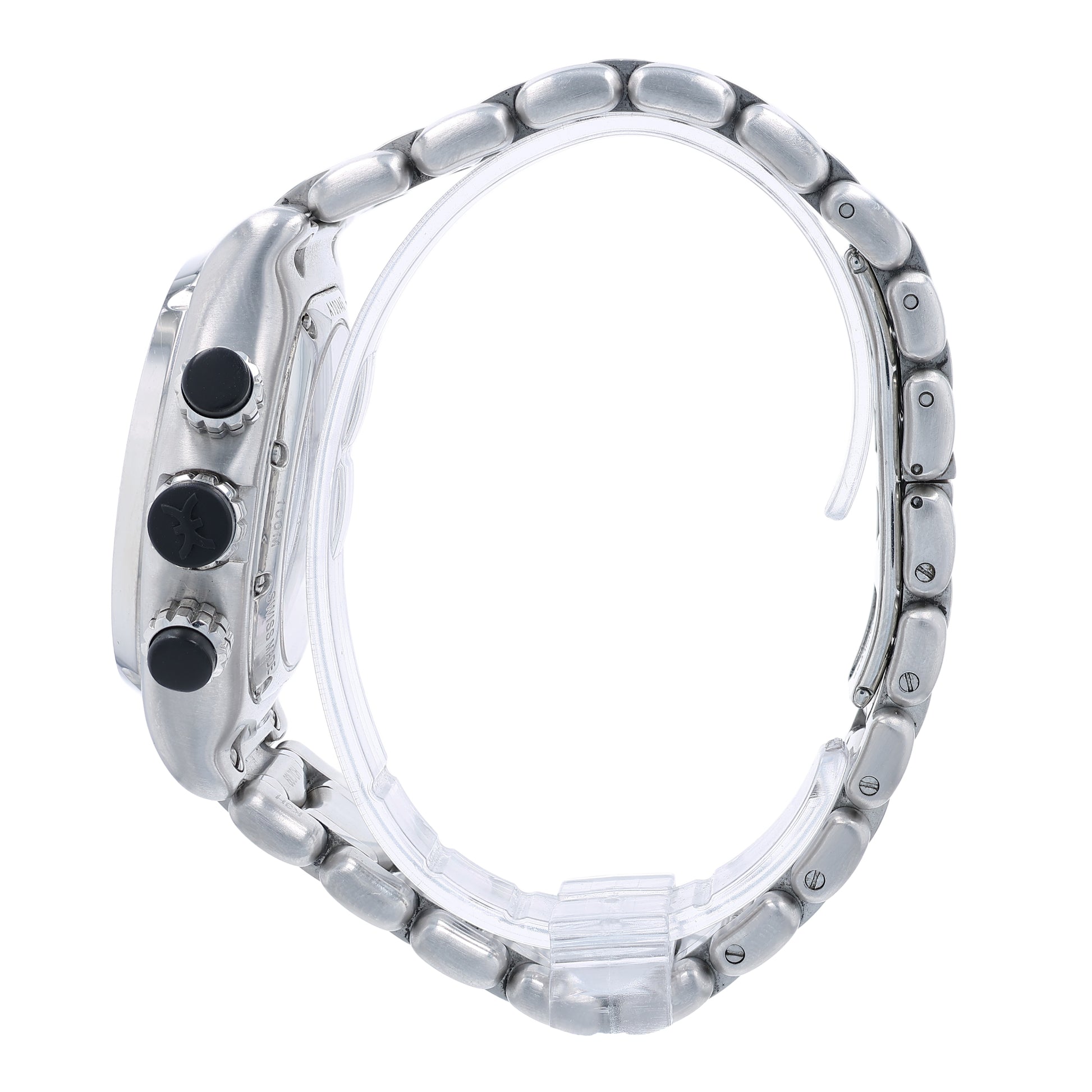 Side profile of a stainless steel Ebel Chronometer watch with a black dial, polished and brushed finish, and a butterfly clasp on a white background