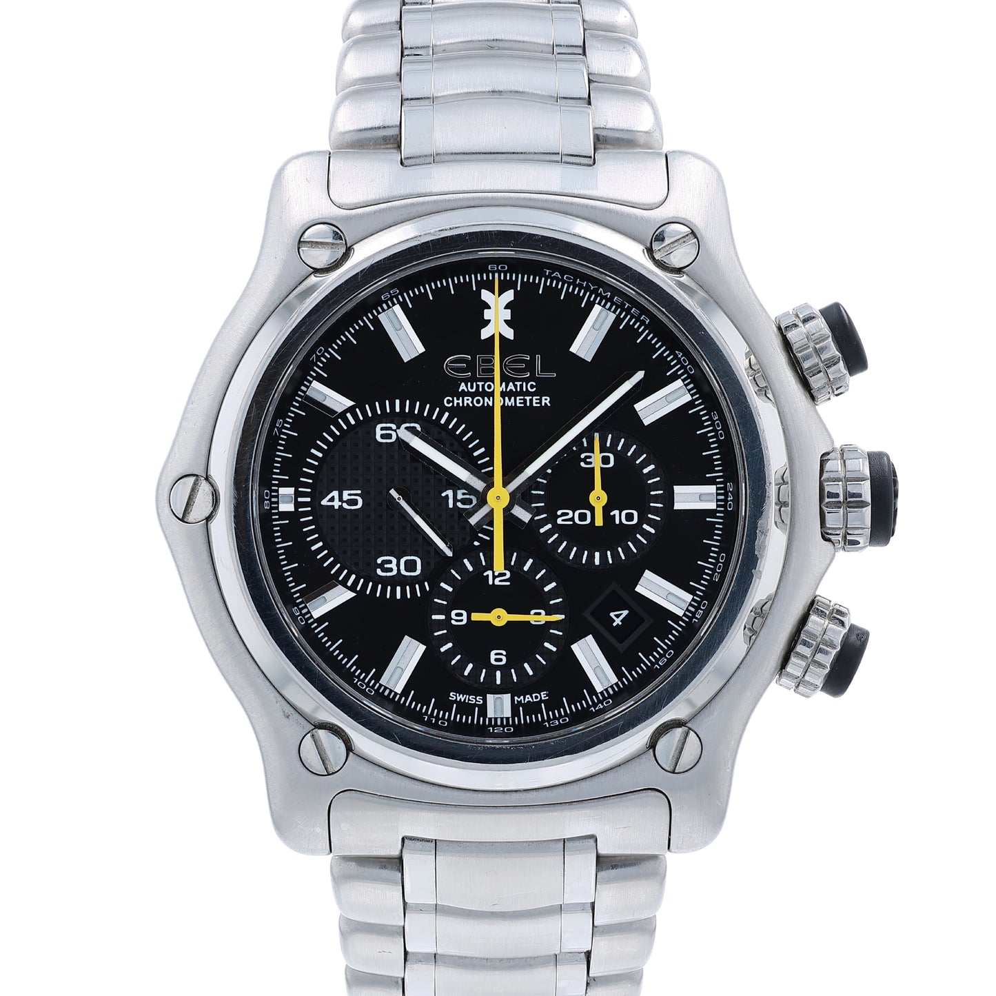 A stainless steel Ebel Chronometer watch with a black dial, polished and brushed finish, and a butterfly clasp on a white background