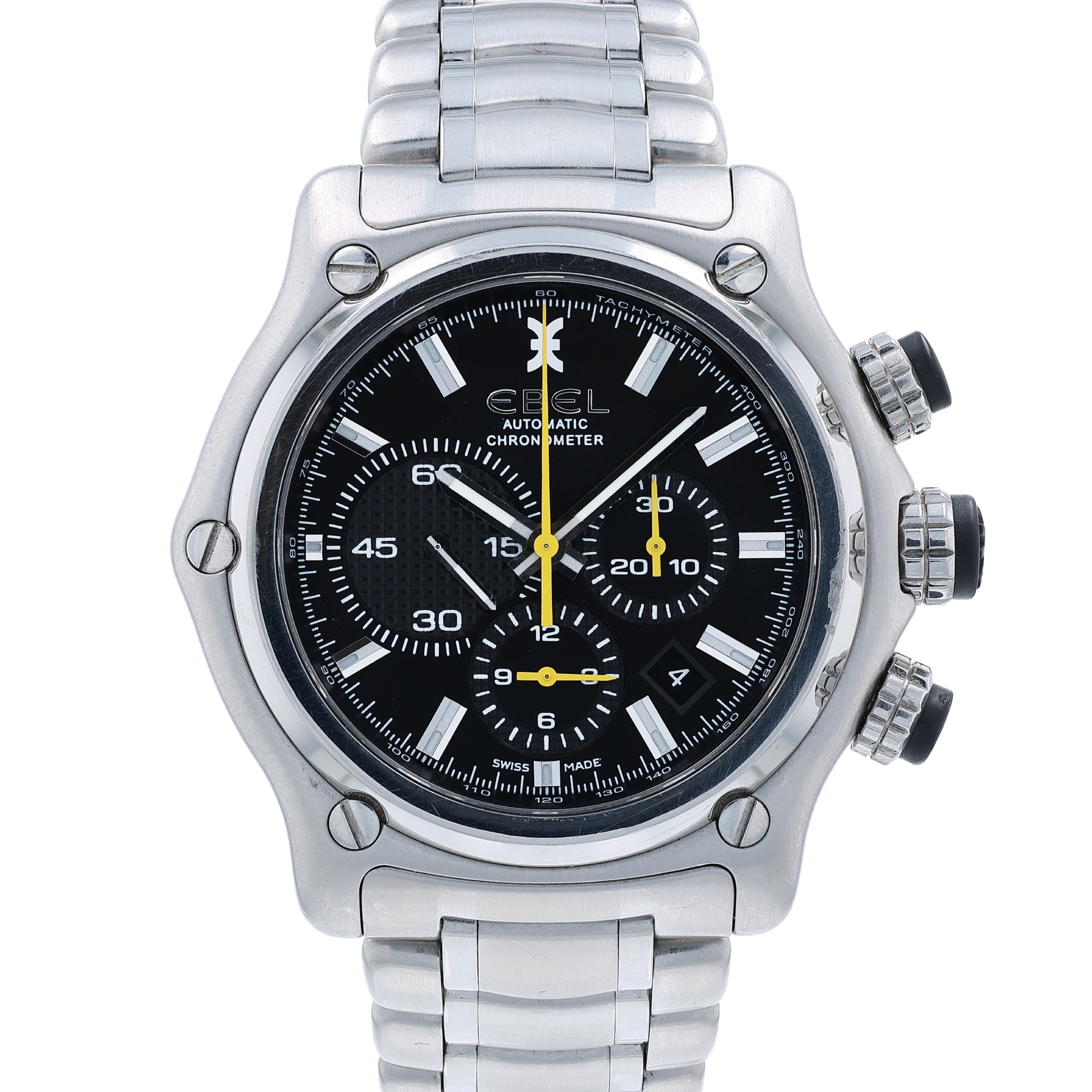 A stainless steel Ebel Chronometer watch with a black dial, polished and brushed finish, and a butterfly clasp on a white background