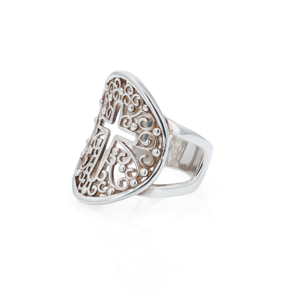 Sterling Silver Filigree Cross Center Open Work Oval Ring