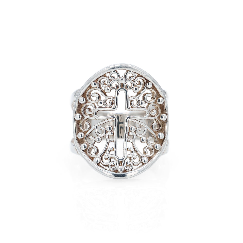 Sterling Silver Filigree Cross Center Open Work Oval Ring