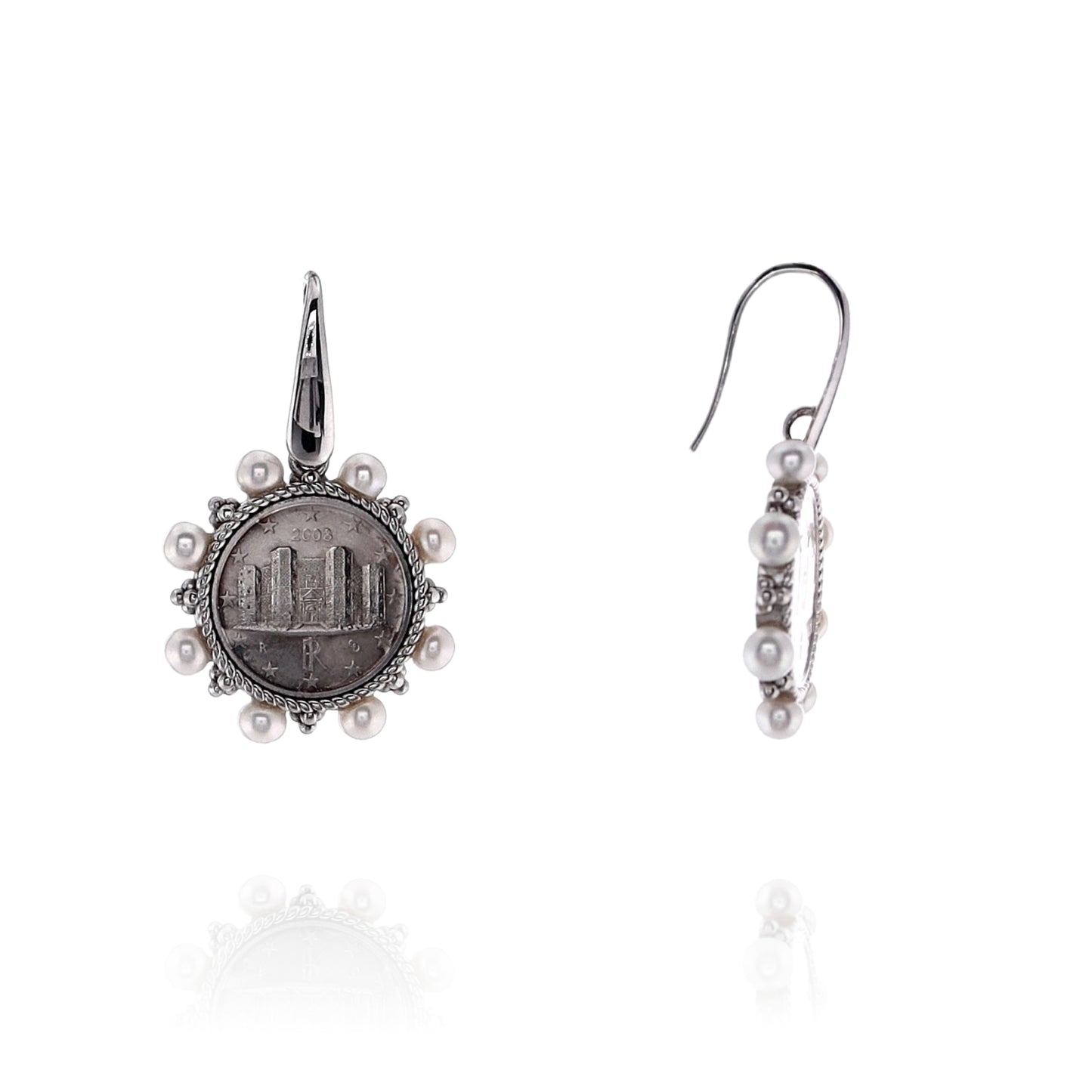 Honora Sterling Silver Coin Design Center and Button Pearl Drop Earrings