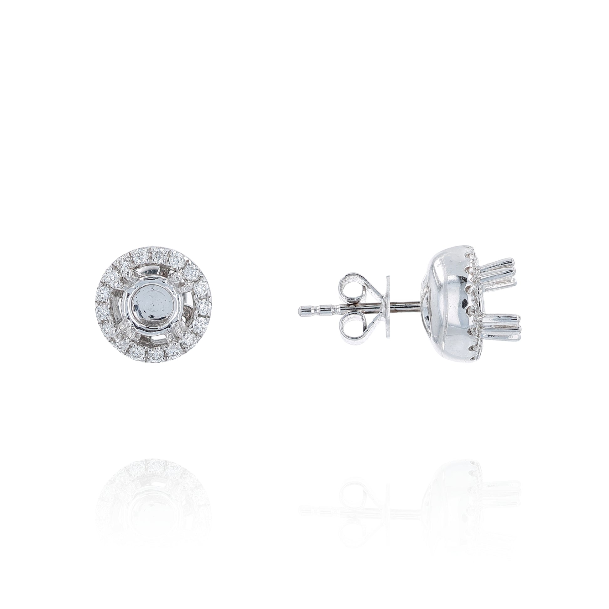 White gold diamond halo stud earring mountings on a white background