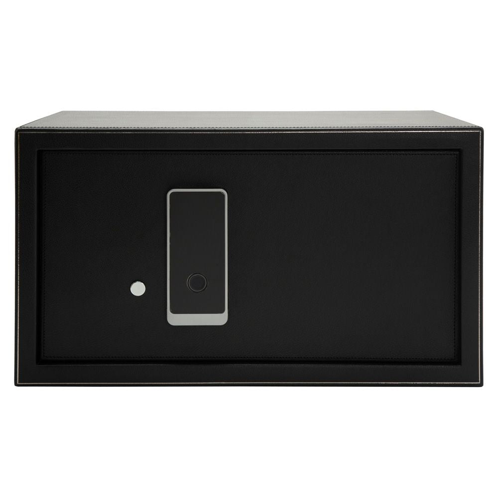 Black safe box with digital keypad on a white background
