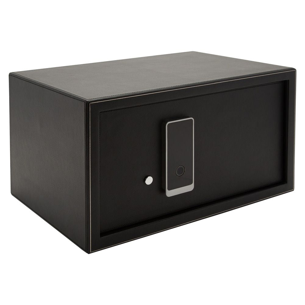 Black safe box with digital keypad on a white background