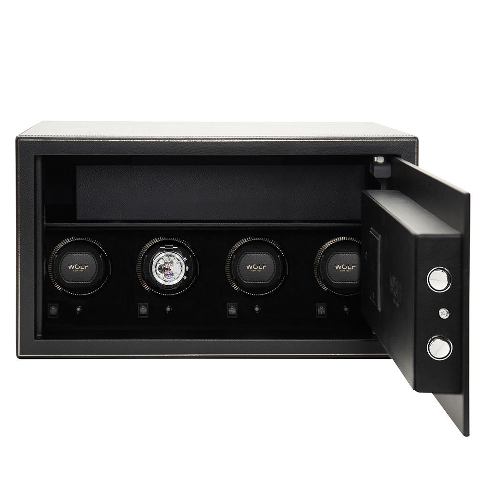 Black watch winder with four rotating watches on a white background