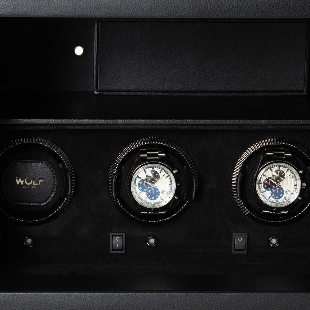 Black watch winder with three watches inside, featuring the Wolf brand.