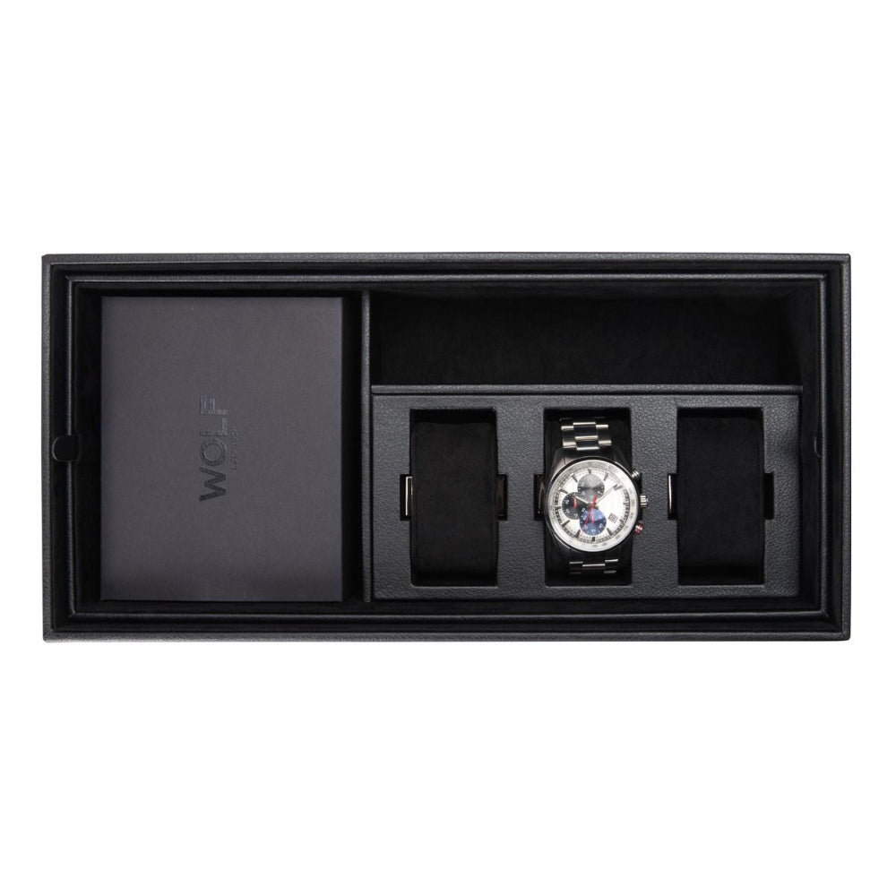 Black watch box with a watch inside on a white background