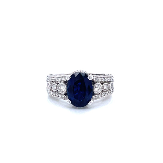 Estate 18k White Gold Oval Sapphire and Diamond Split Shank Ring
