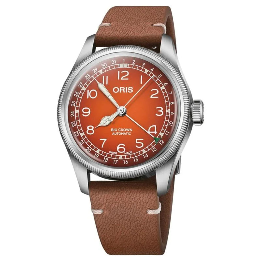 An Oris Big Crown Automatic watch featuring a brown leather strap, a silver stainless steel case, and a vibrant orange dial with white Arabic numerals.