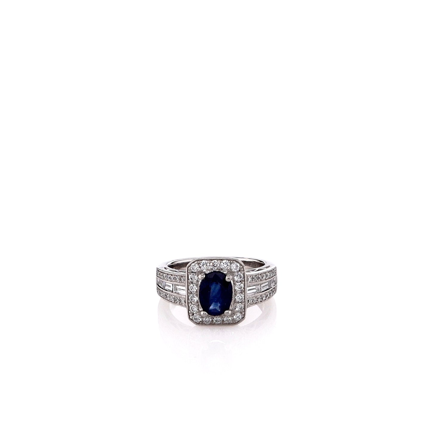 Estate Simon G. Platinum Sapphire and Diamond Triple Shank Halo Ring