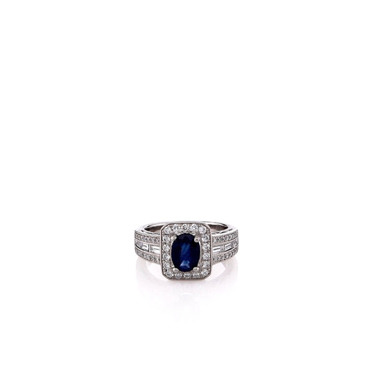 Estate Simon G. Platinum Sapphire and Diamond Triple Shank Halo Ring