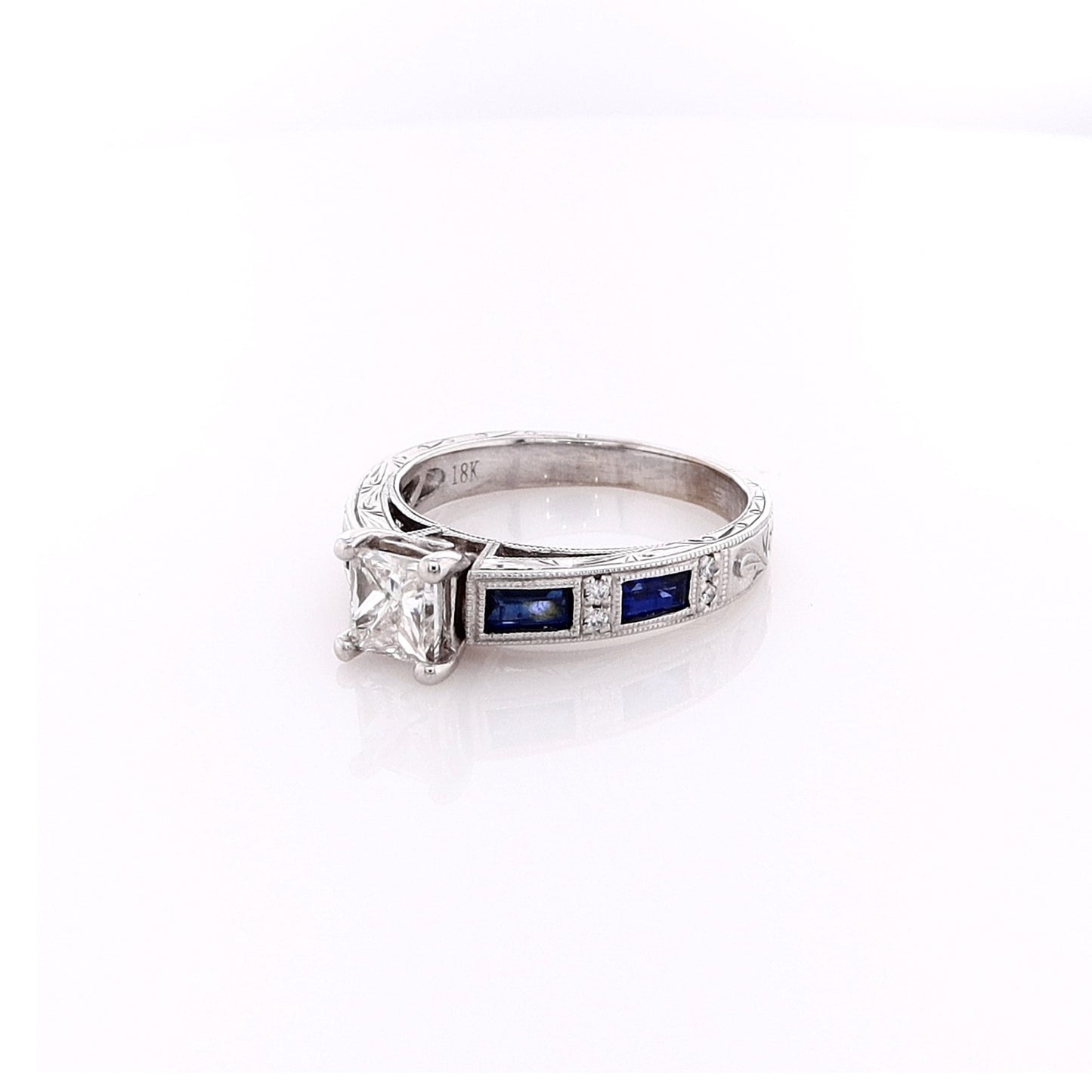 Estate 18k White Gold Baguette Alternating Sapphire Engagement Ring