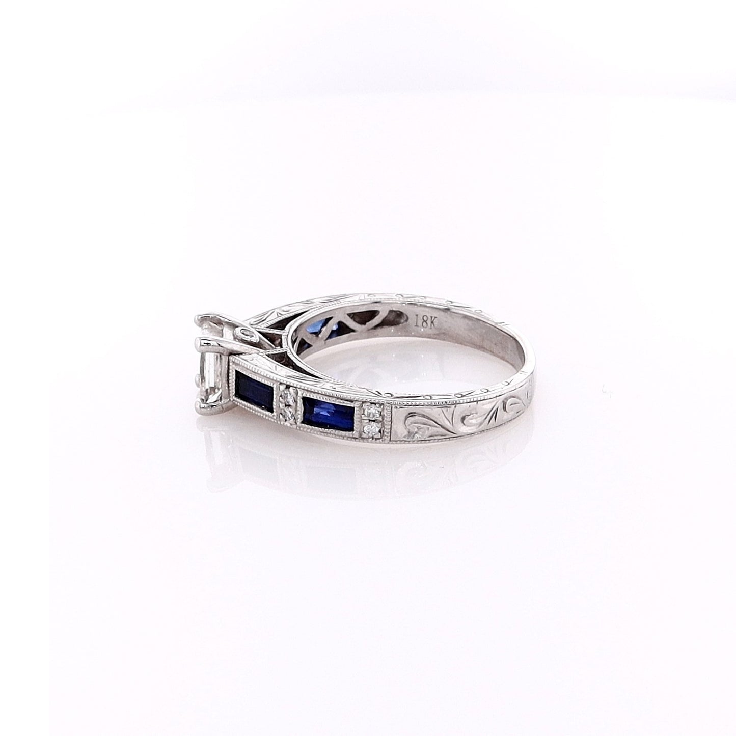 Estate 18k White Gold Baguette Alternating Sapphire Engagement Ring