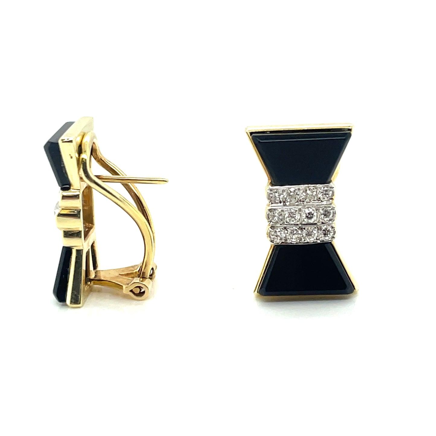Estate 14k Yellow Gold Diamond and Onyx Bow Earrings
