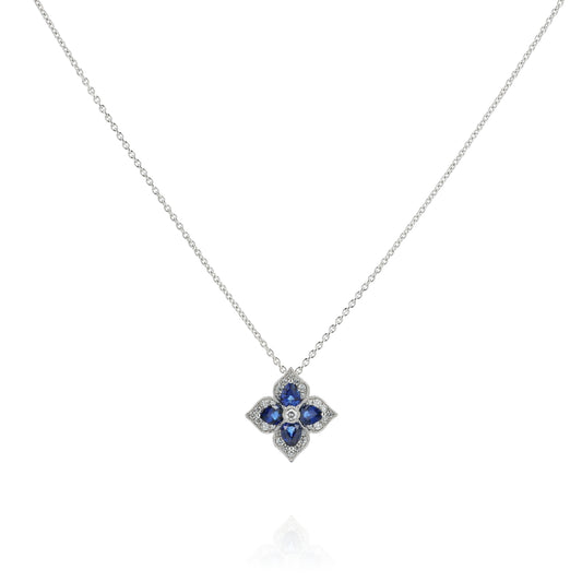 18k White Gold 17" Flower Design Sapphire and Diamond Pendant Necklace