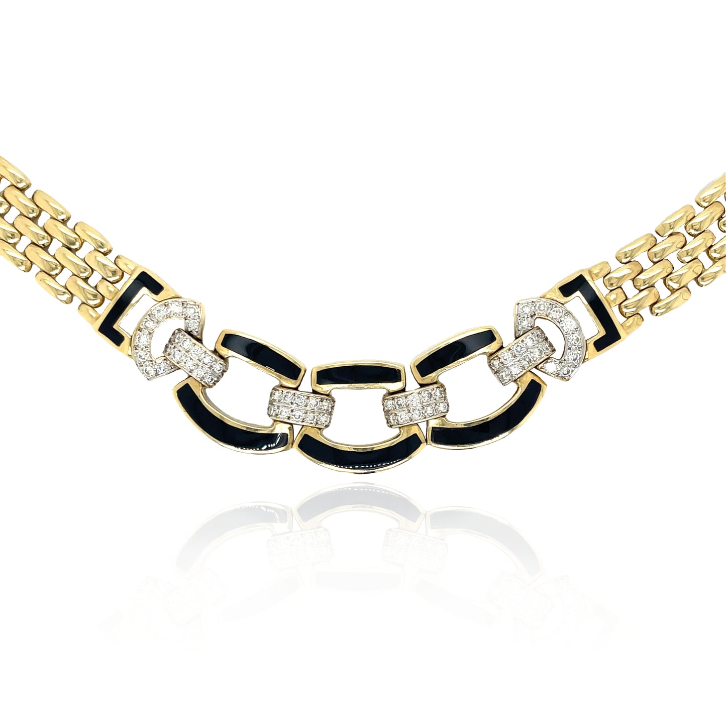 Estate 14k Yellow Gold Panther Link Necklace with Diamonds and Black Onyx