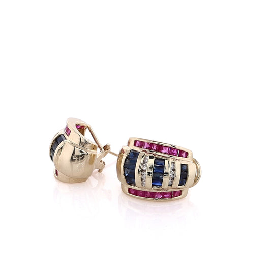 Estate 14 Karat Yellow Gold Sapphire, Ruby and Diamond Stud Earrings