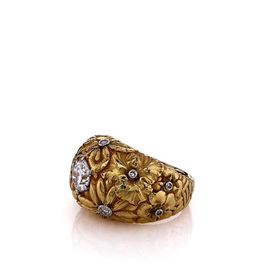 Estate 22k Yellow Gold Domed Floral Design Diamond Cocktail Ring