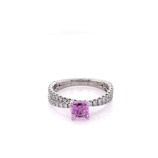 Estate 18k White Gold Cushion Pink Sapphire and Diamond Crossover Shank Ring