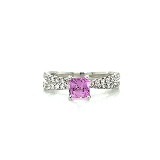 Estate 18k White Gold Pink Sapphire and Diamond Crossover Ring