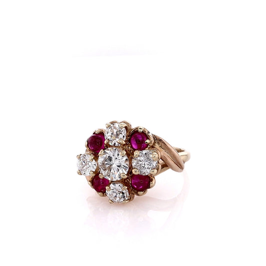 Estate 14k Yellow Gold Cabochon Rubies Round Brilliant Cut and Old European Cut Diamond Ring