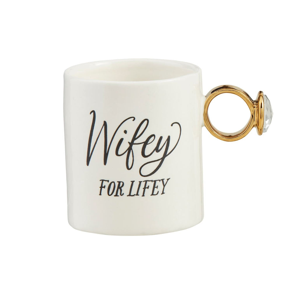 White mug with 'Wifey FOR LIFELY' text and a gold ring on a white background.