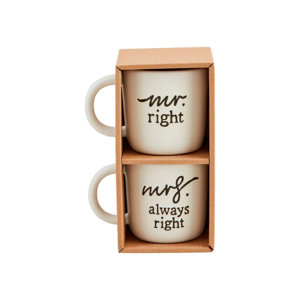 Two mugs with 'mr. right' and 'mrs. always right' text in a wooden box packaging on a white backround. 