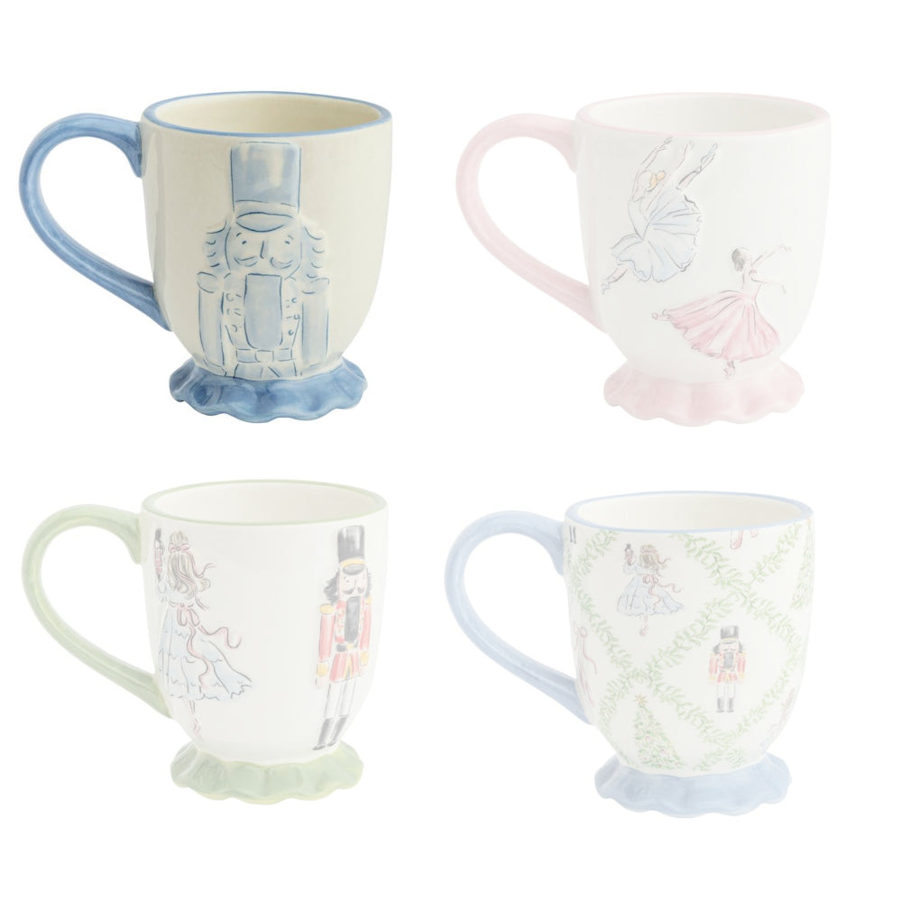 Set of four decorative mugs with various designs on a white background