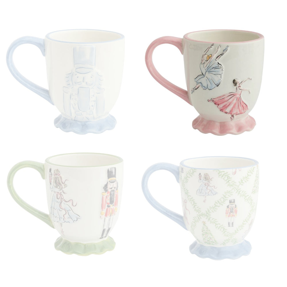 Set of four decorative mugs with ballerina designs on a white background