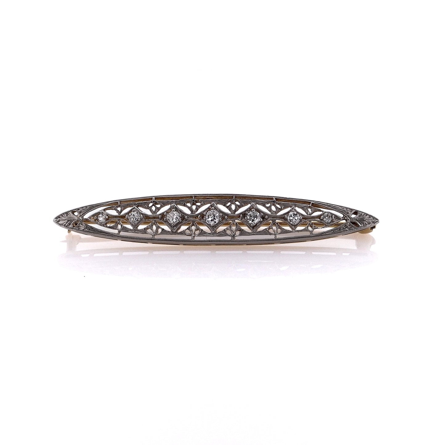 Estate 14 Karat White Gold Oblong Design Filigree Diamond Pin