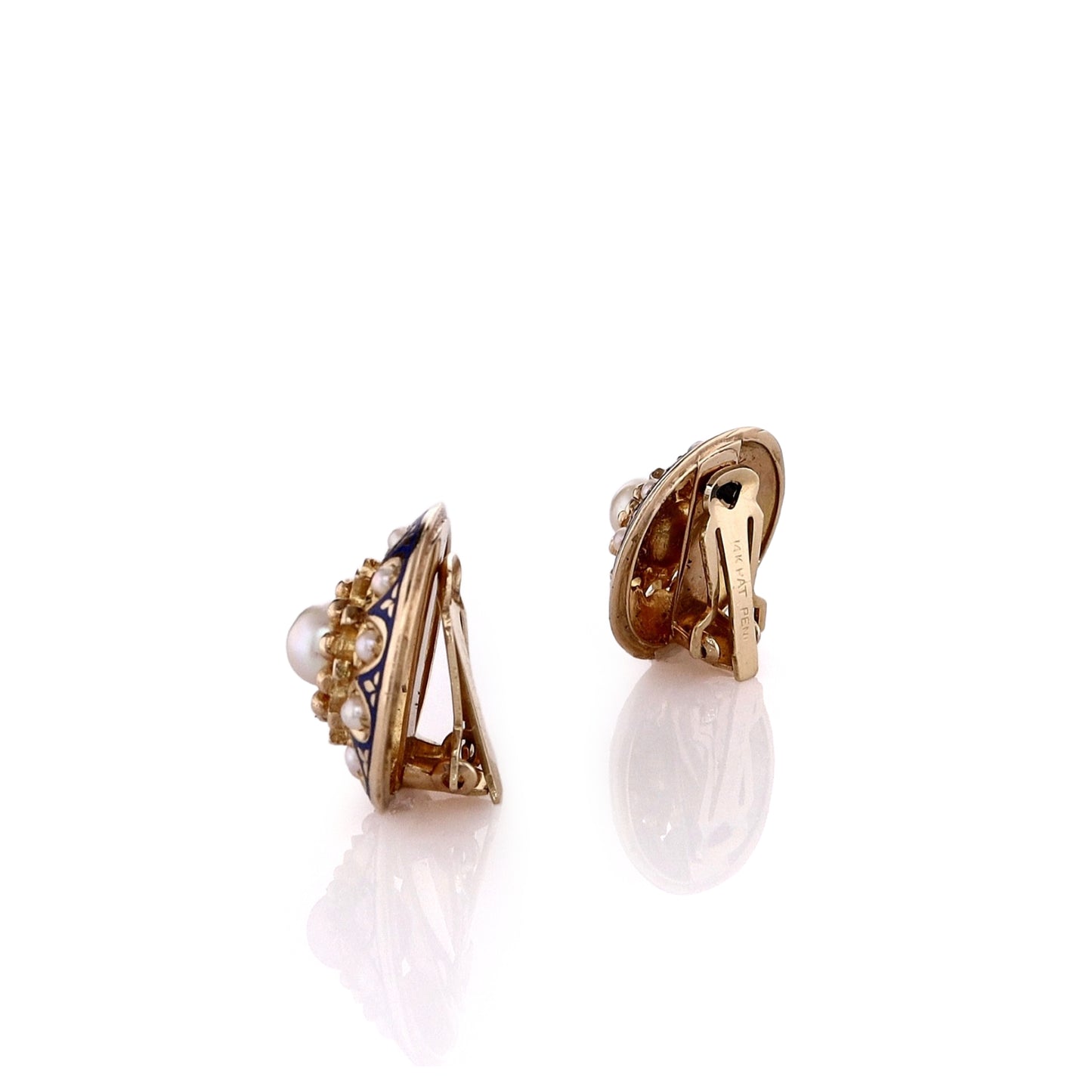 Estate 14k Yellow Gold Pearl and Blue Enamel Clip On Stud Earrings
