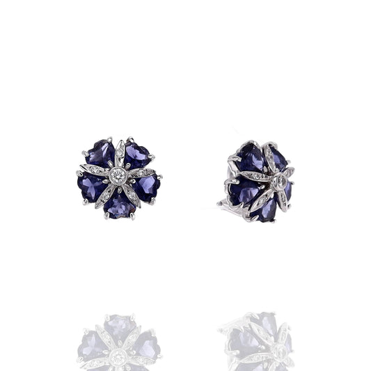 Estate 14k White Gold Flower Design Tanzanite and Diamond Clip On Earrings
